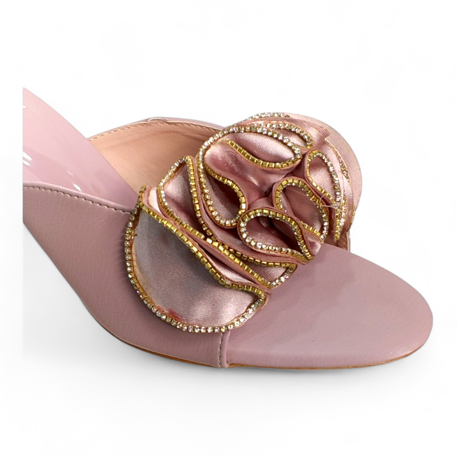 Close-up of frill bow and diamond embellishment on satin belt, Rose Gold Block Heels