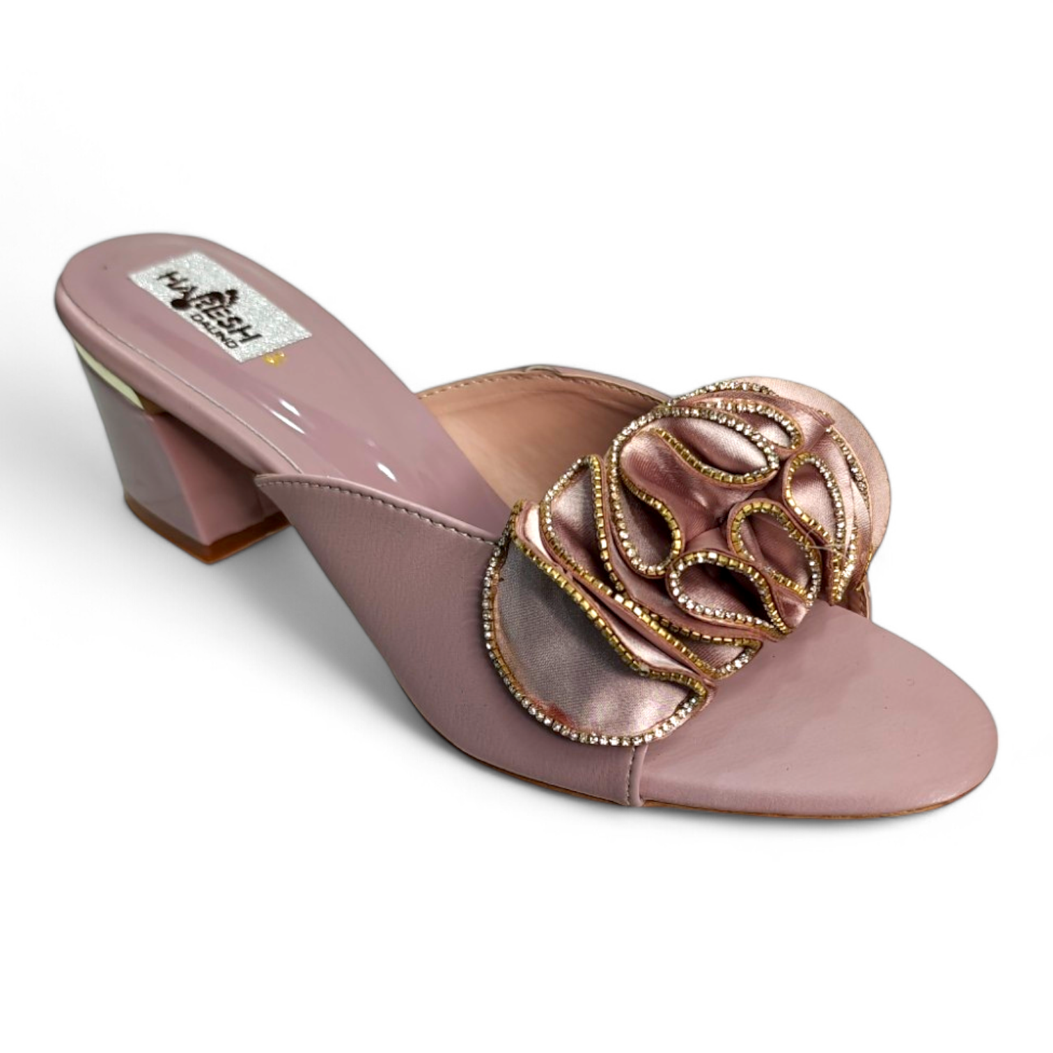 Rose Gold Block Heel with satin belt, frill bow, and diamond embellishment, perfect for occasionwear