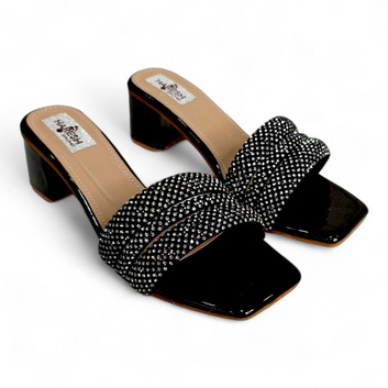 Black Block Heel Open Toe Occasionwear Heels with 3 Diamond Belts | Elegant Footwear