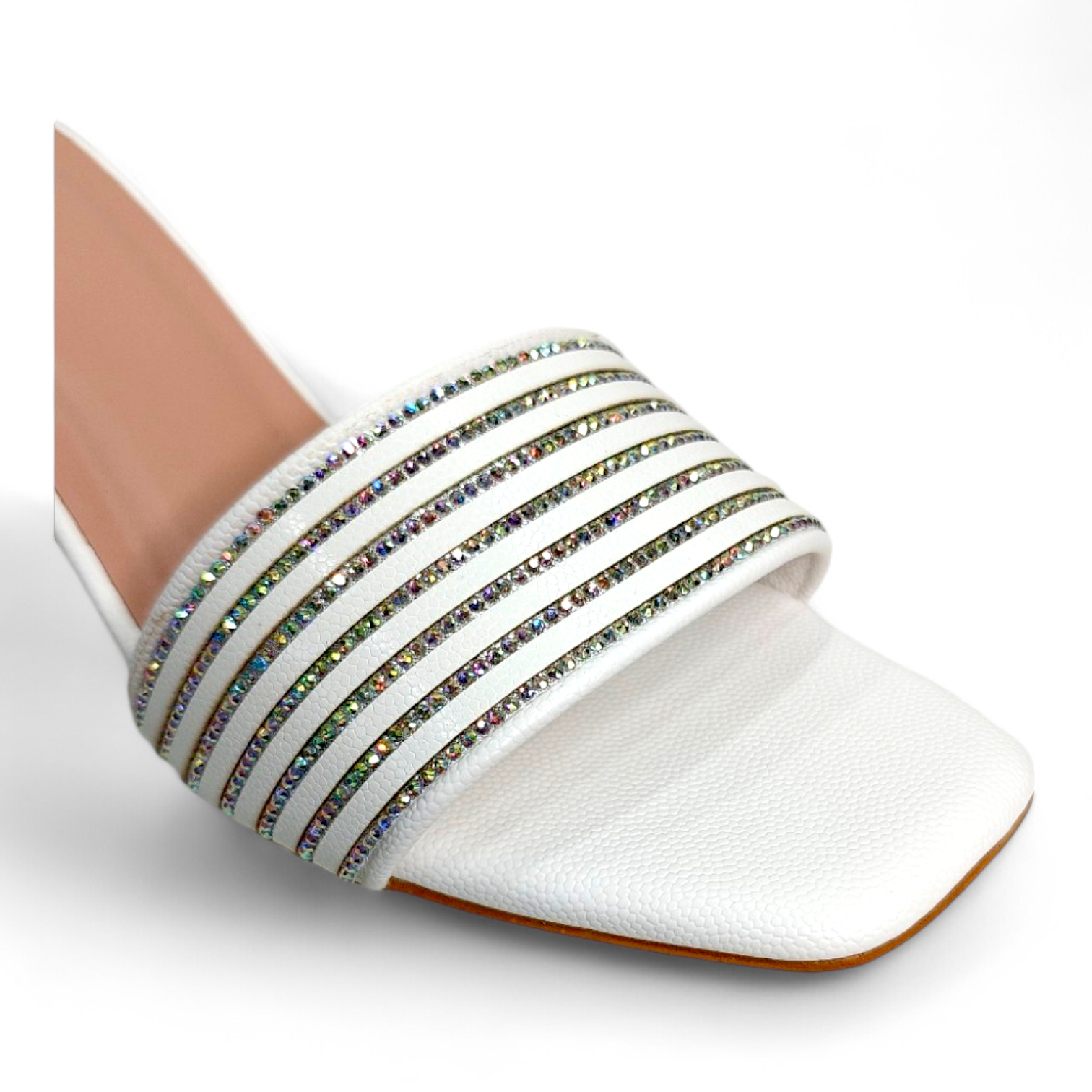 Close-up of Lining Diamonds detail on White Block Heel Occasionwear Footwear