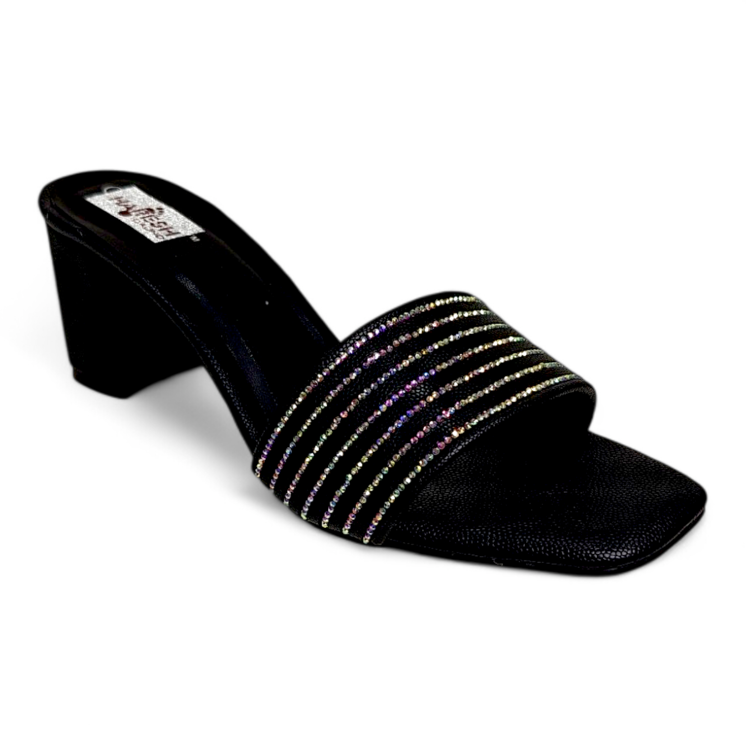 Black Block Heel Footwear with Diamond Lining and Open Toe Design for Occasionwear