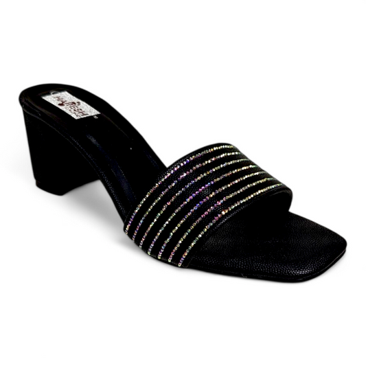 Black Block Heel Occasionwear Heels with Diamond Lining | Open Toe Elegant Footwear