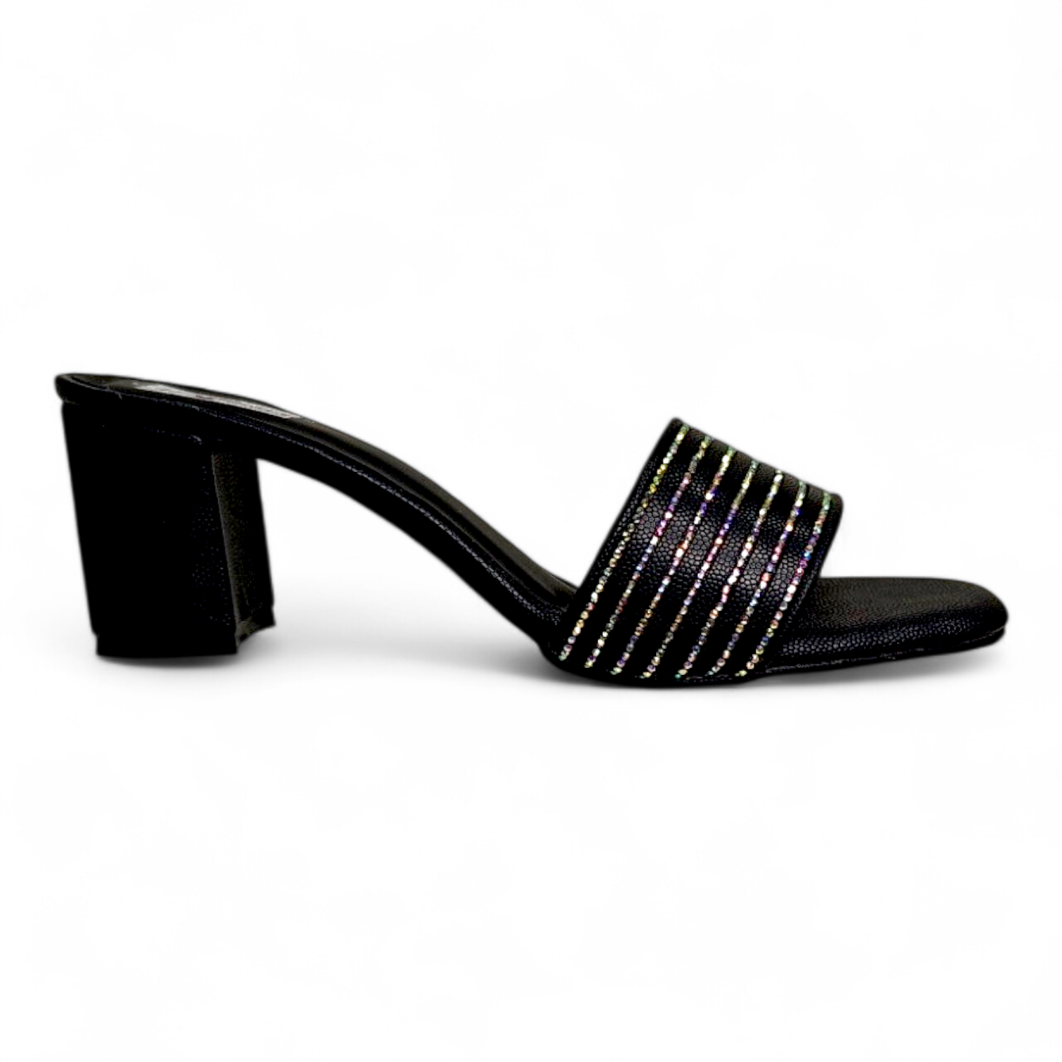 Side view of Black Block Heel Occasionwear Footwear with Diamonds and Open Toe