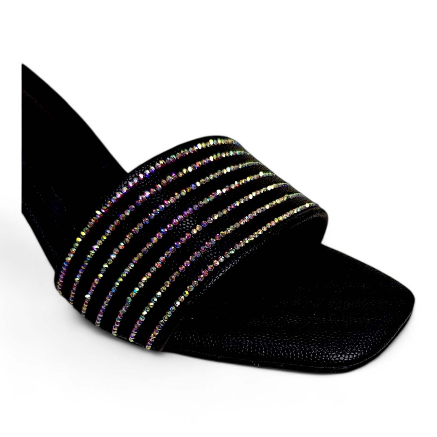 Close-up of Diamond Lining on Black Block Heels with Open Toe for Special Occasions