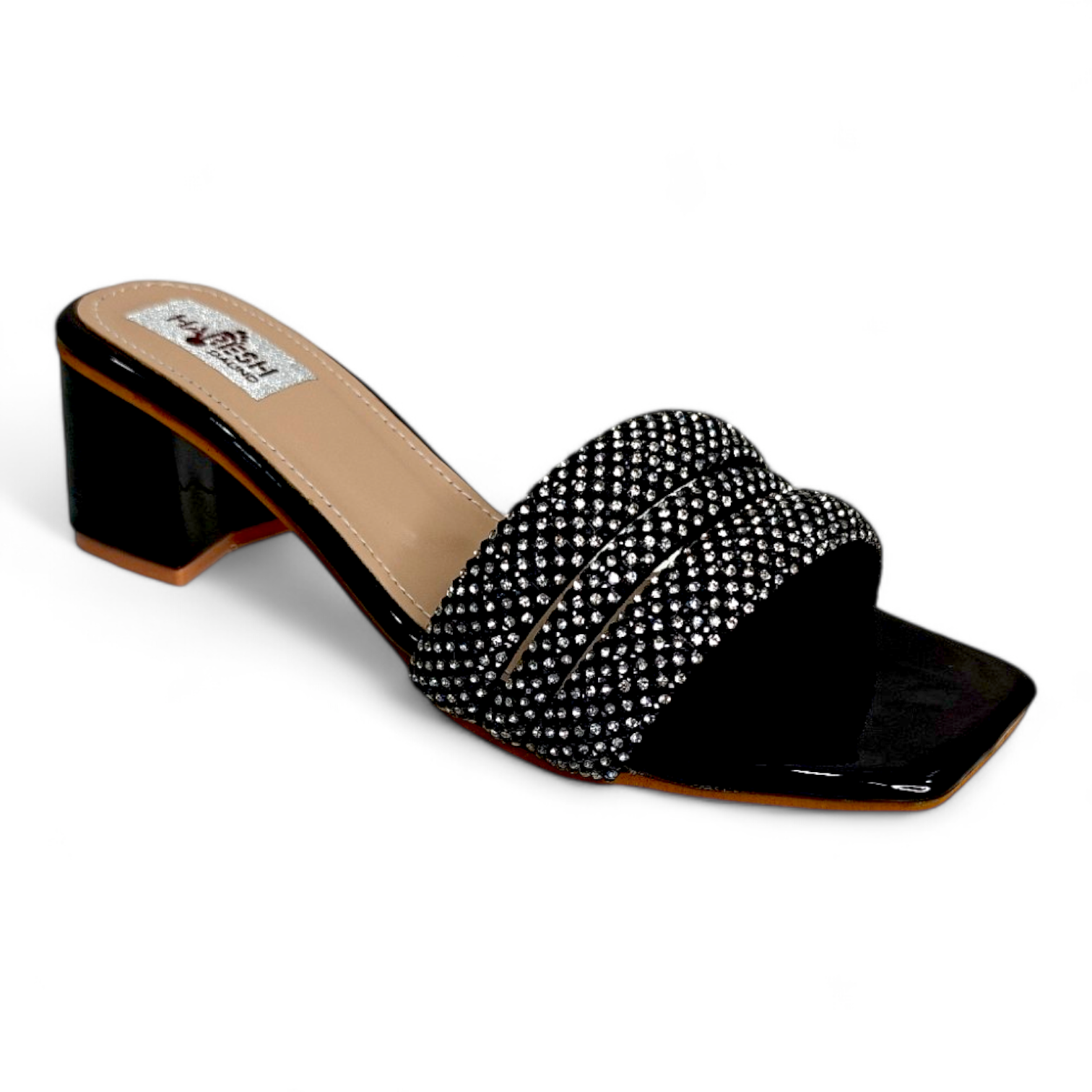 Black block heel open toe occasionwear heels with 3 diamond belts on top