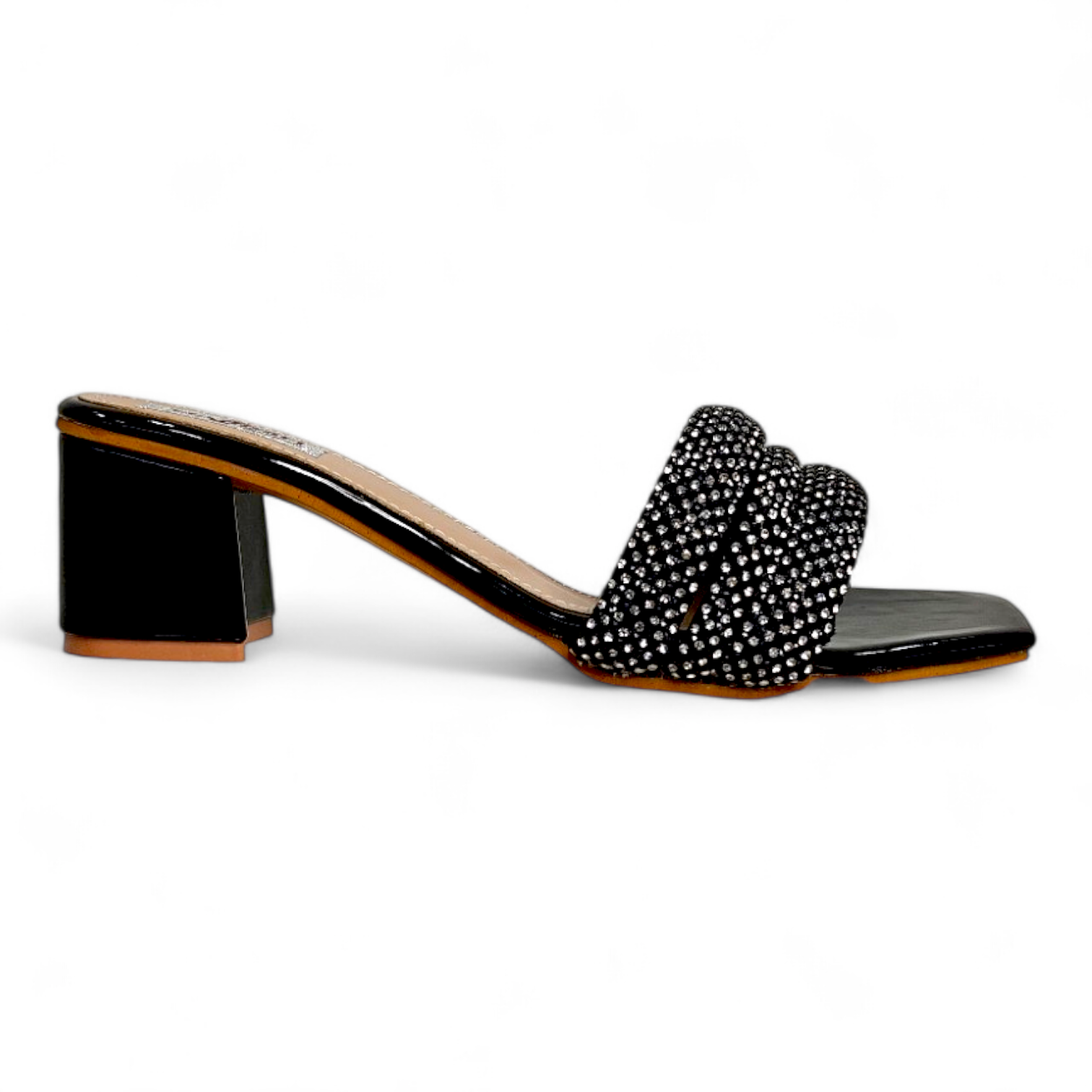 Black block heel open toe occasionwear heels with 3 diamond belts on top