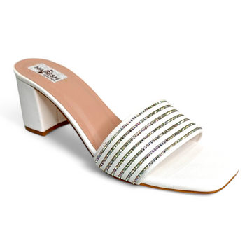 White Block Heel with Lining Diamonds on Top, Open Toe Occasionwear Heels