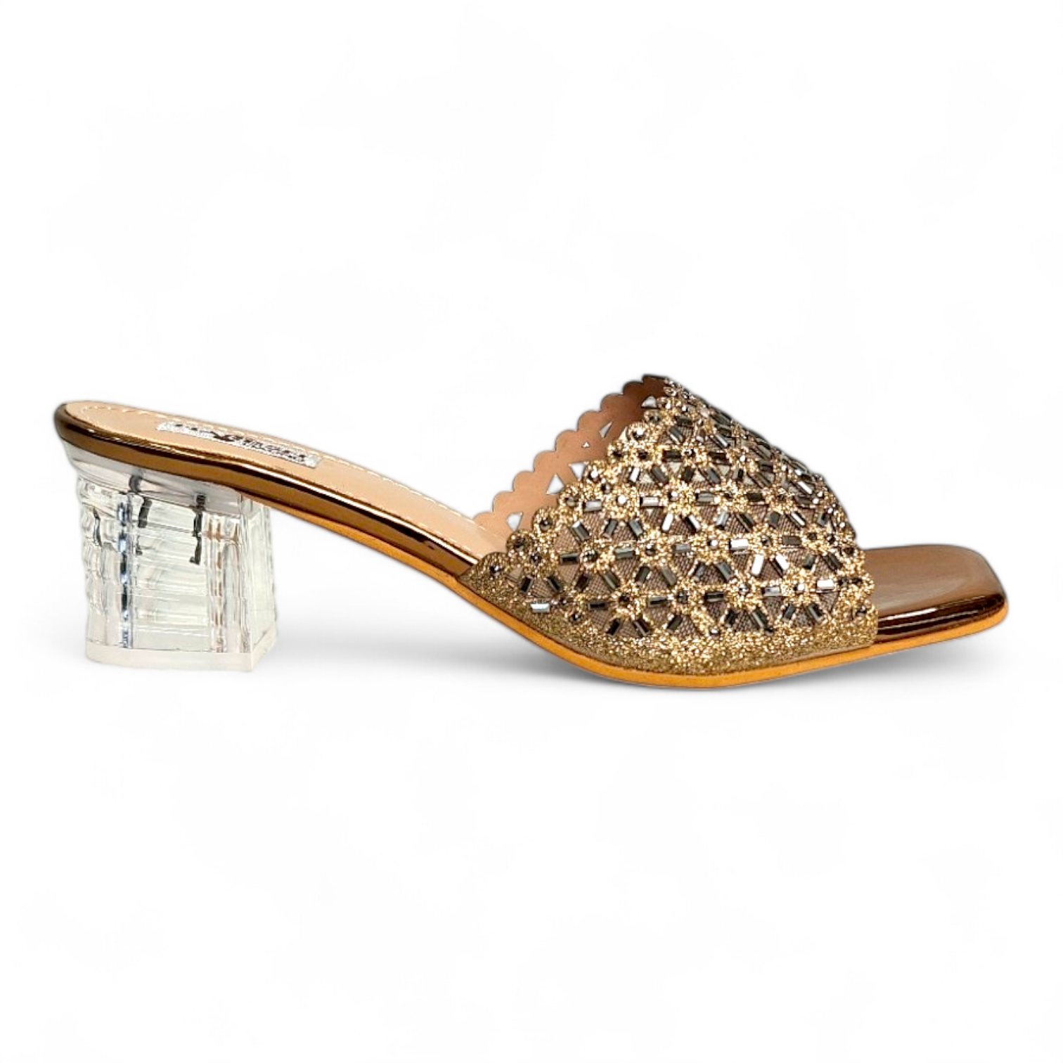 Side view of Golden Occasionwear Heels featuring transparent heel and elegant open toe design