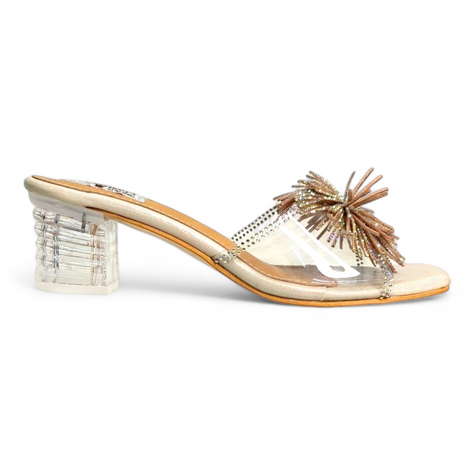 Side view of golden open toe heels showcasing transparent heel and bow detail