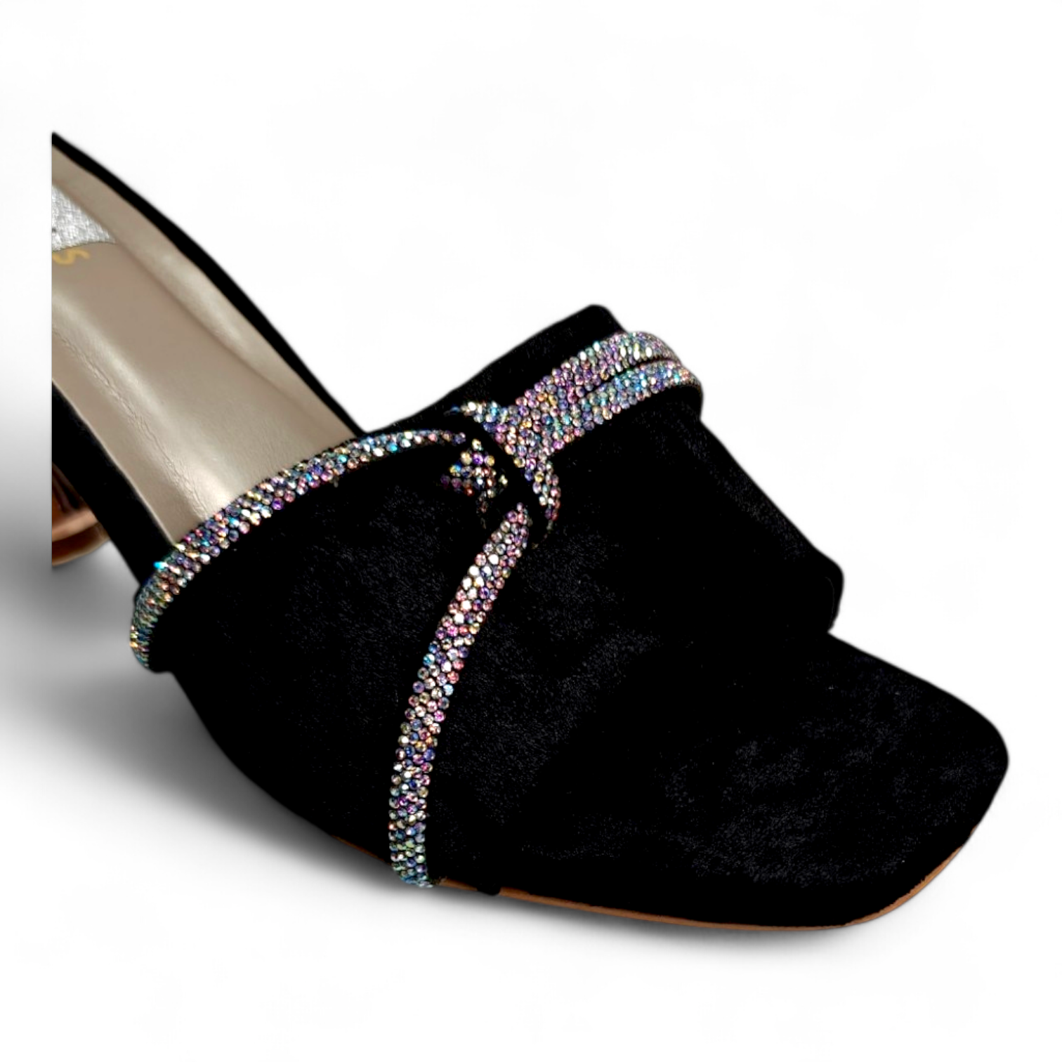 Close-up of diamond strip on Neuberk belt of black open toe occasionwear heels