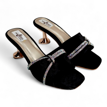 Pencil Heel Neuberk Belt with Diamond Strip Open Toe Occasionwear Heels | Black Color Footwear