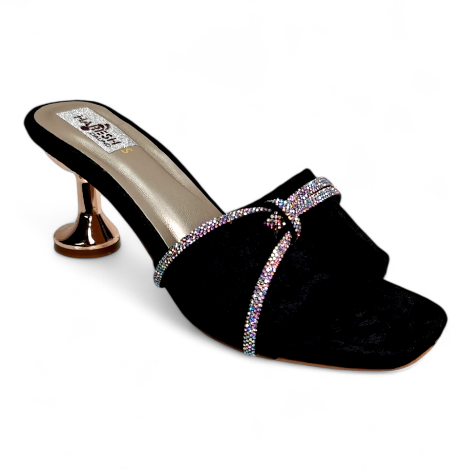 Black pencil heel occasionwear with Neuberk belt and diamond strip on top, open toe