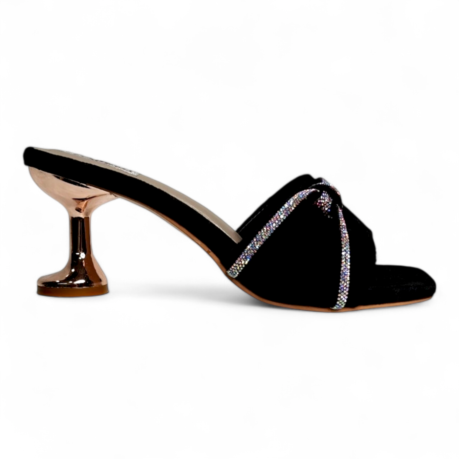 Side view of black pencil heel with diamond strip on Neuberk belt and open toe design