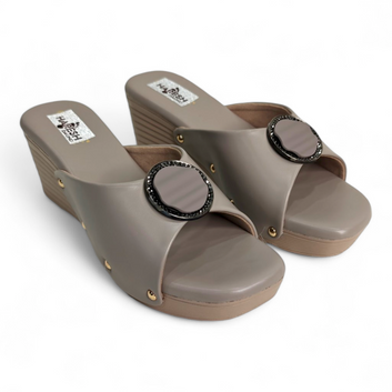 Wedge Heel Brown Footwear with Embellished Circle Buckle & Open Toe | Stylish & Comfortable