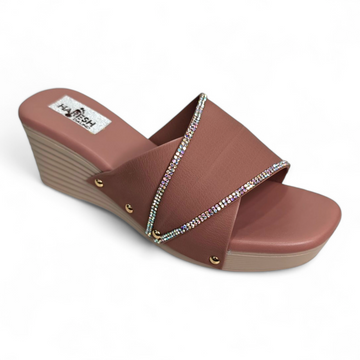 Peach wedge heel footwear with cushioned sole and embellished open toe design