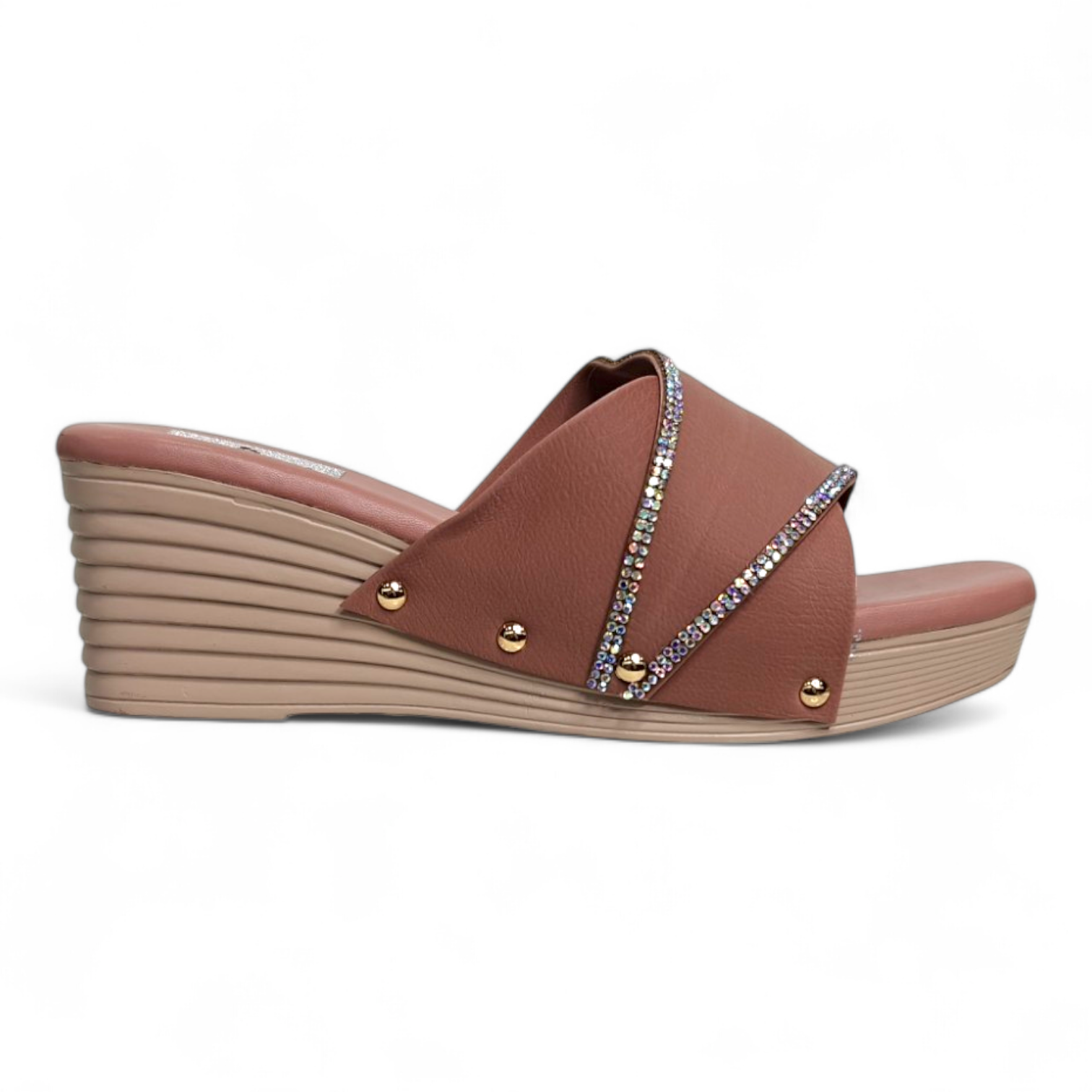 Side view of durable peach-colored wedge heel footwear with open toe embellishment