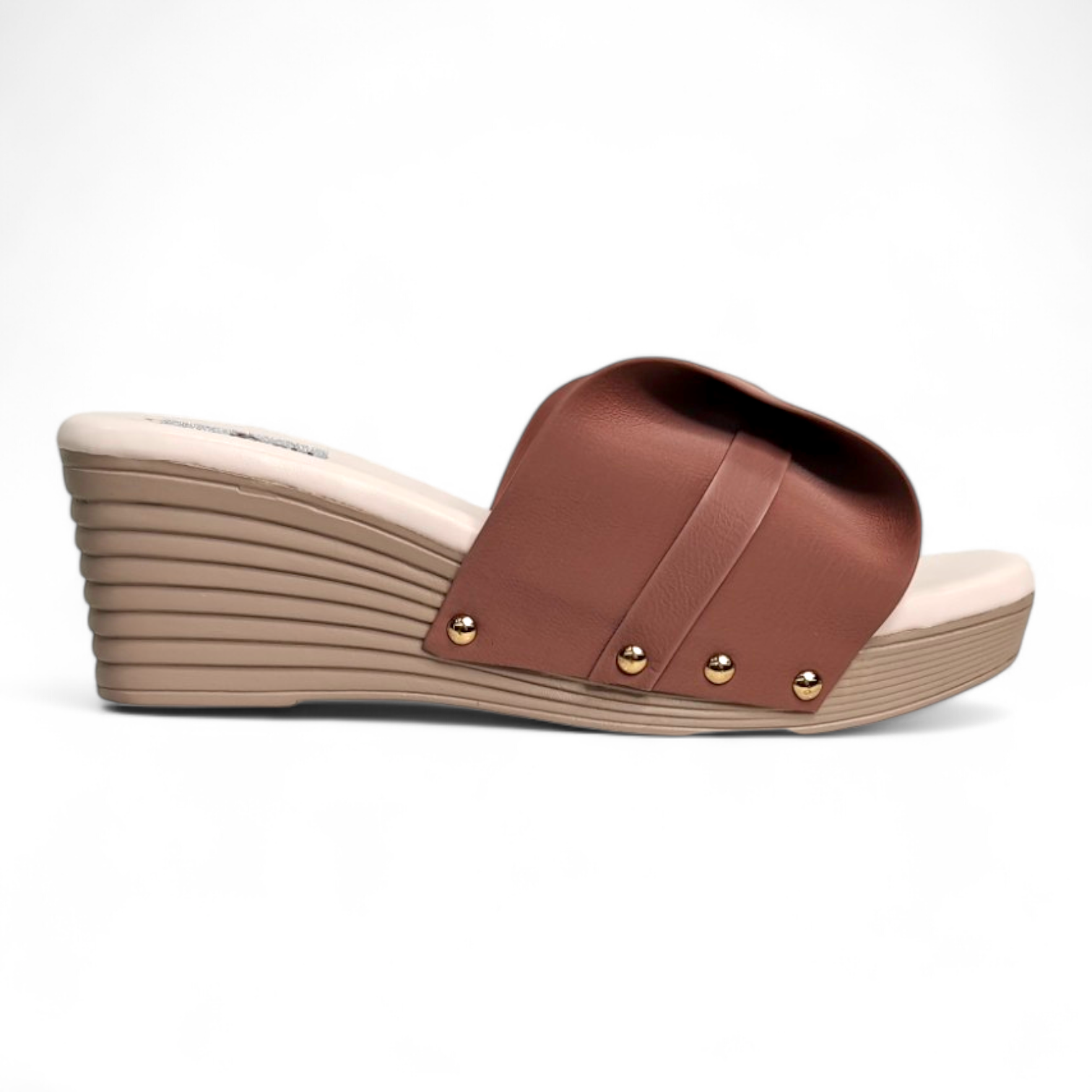 Side view of Peach Wedge Heel Open Toe Footwear with Bow Pattern