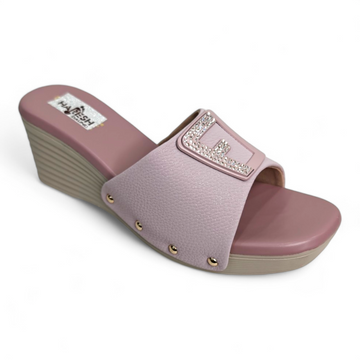 Pink Wedge Heel Footwear with Embellished Buckle and Open Toe Design