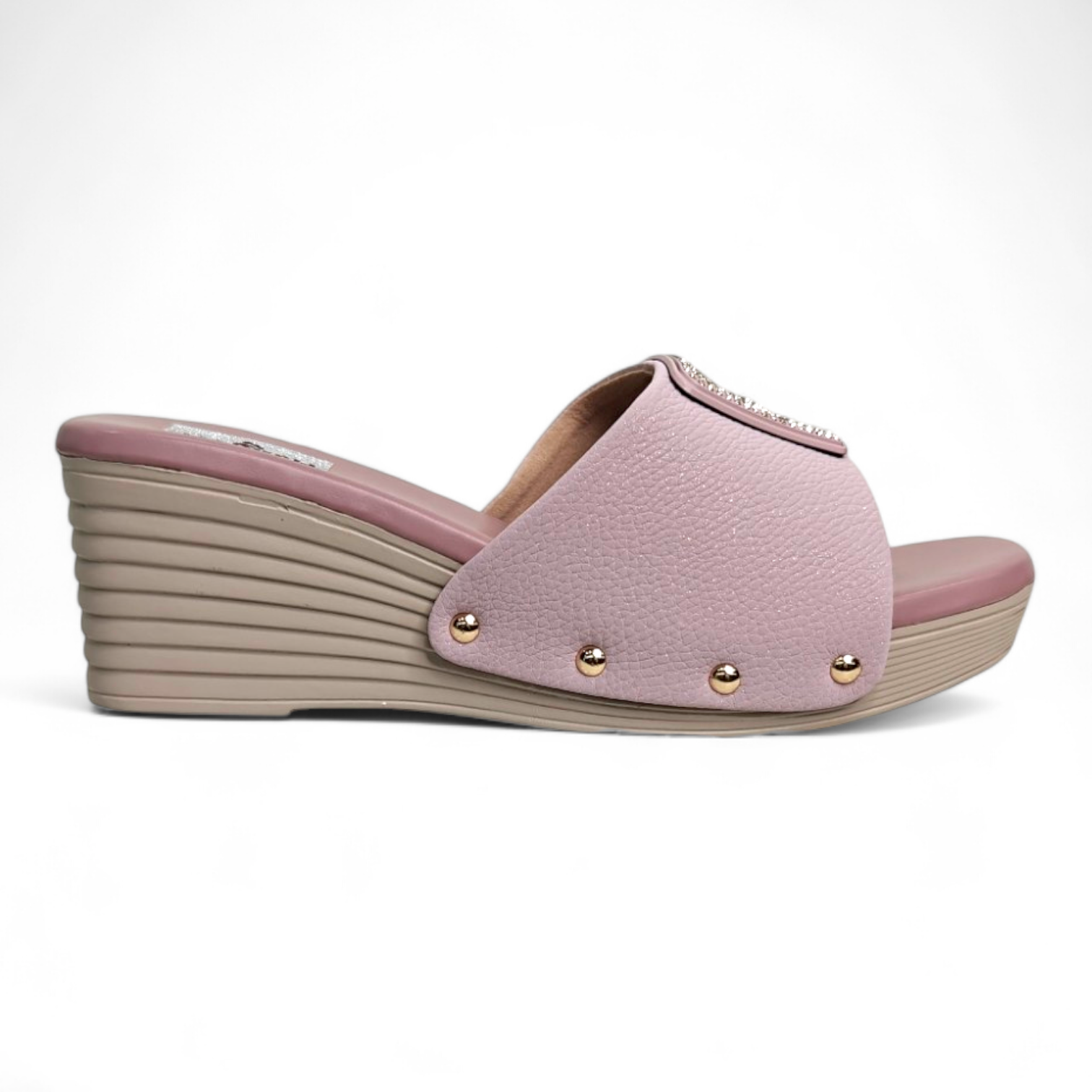 Side view of Pink Wedge Heel Footwear with stylish Embellished Buckle