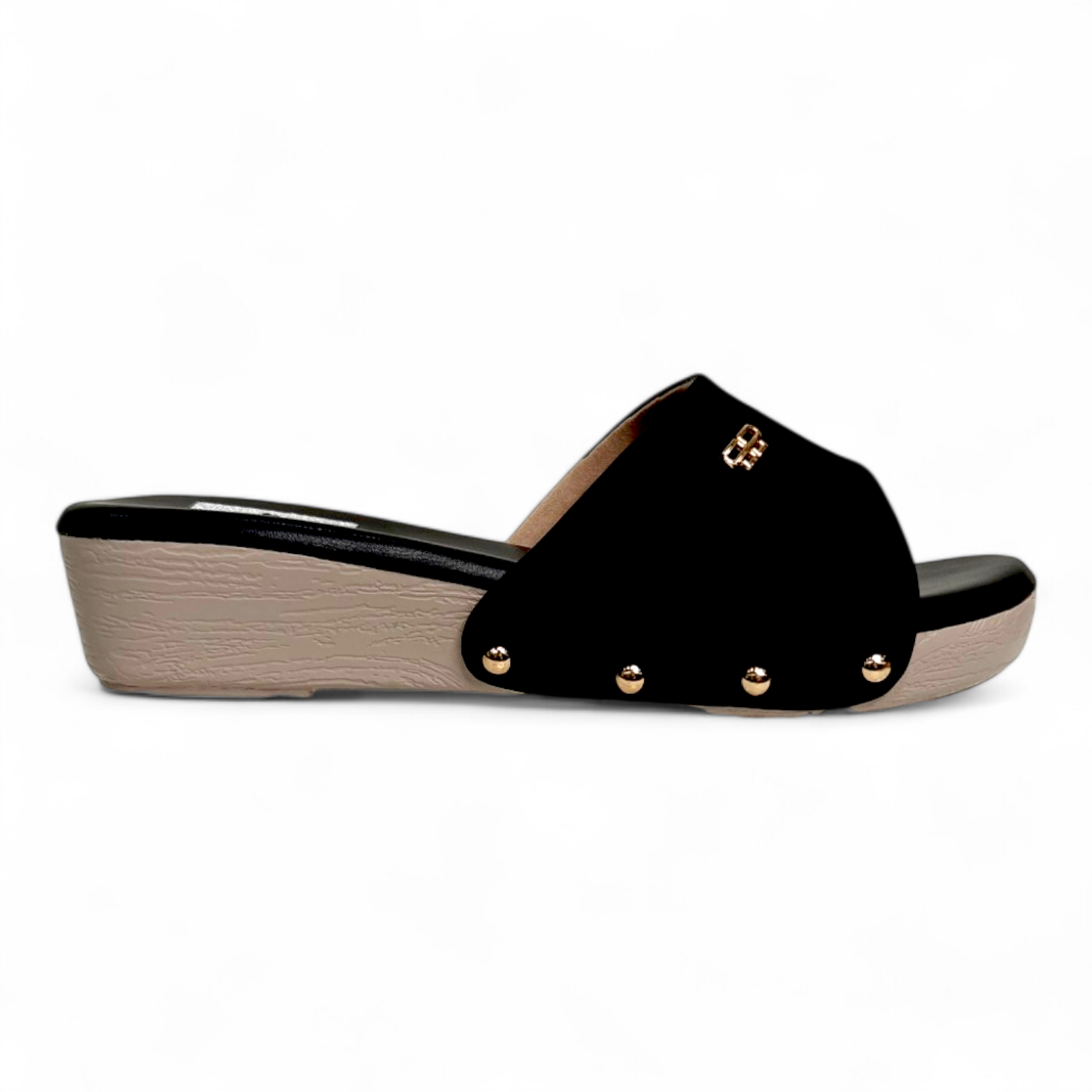 Side view of black wedge heel shoe showing cushioned sole and durable build