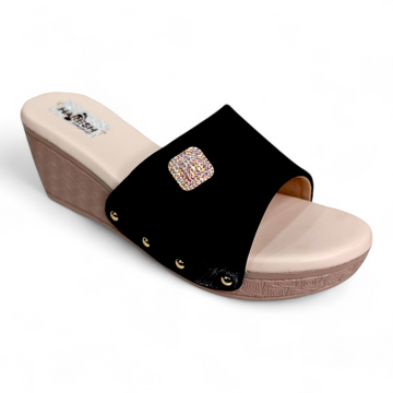 Classy black wedge heel open toe footwear with cushioned sole for comfort and durability