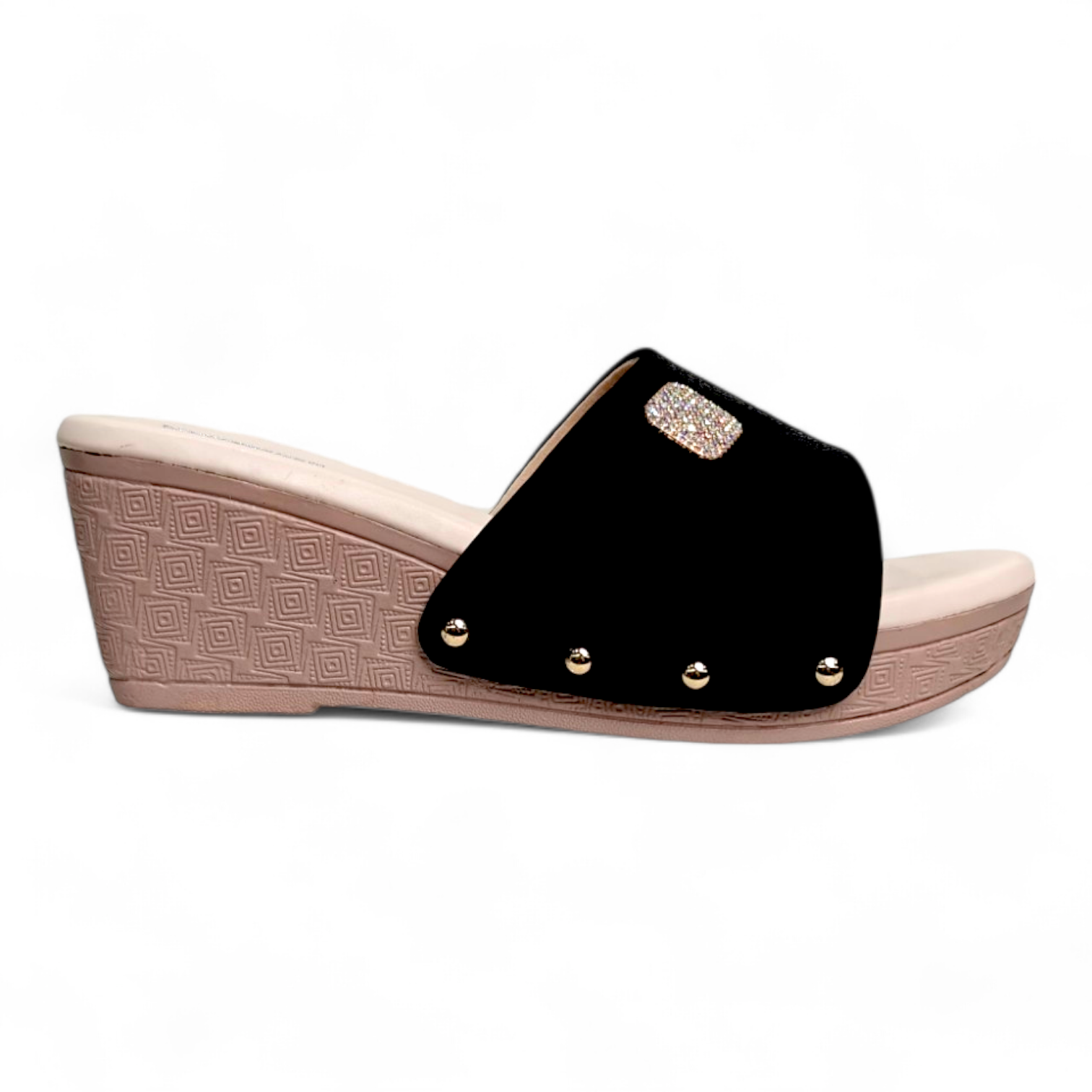 Side view of black wedge heel footwear showing durable material and cushioned open toe design