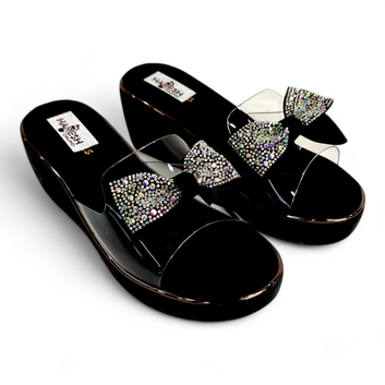 Wedge Heel Black Footwear with Transparent Belt & Embellished Bow | Classy & Comfortable