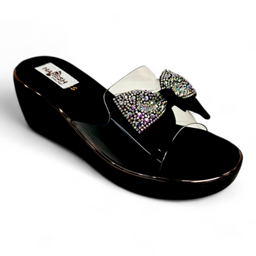 Black wedge heel footwear with transparent belt and embellished bow on top, classy open-toe design