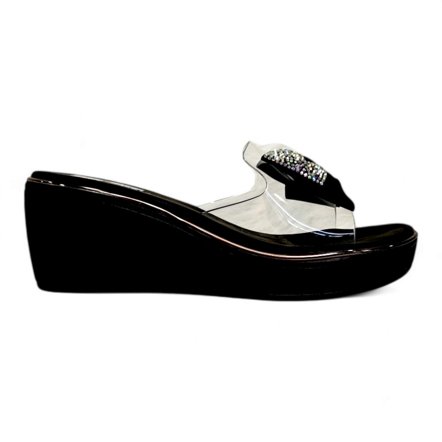 Side view of black wedge heel footwear with transparent belt and durable cushioned sole