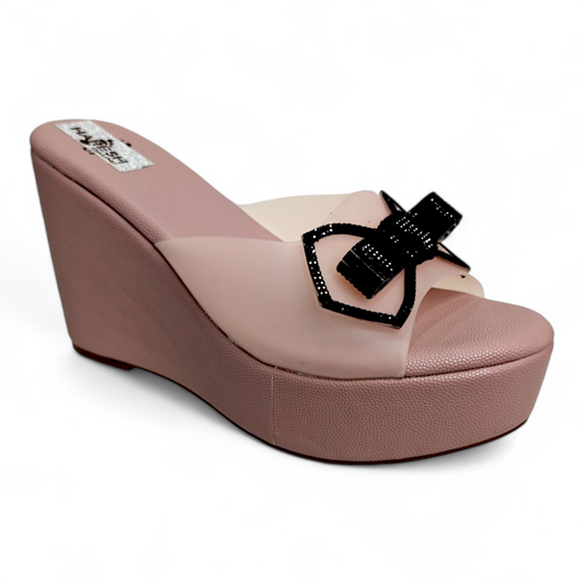 Big Wedge Heel Peach Footwear with Embellished Bow & Transparent Belt | Classy Open Toe Design