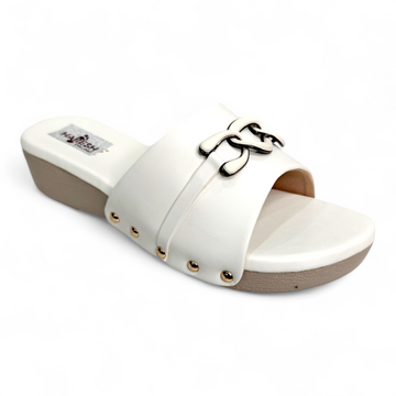 White wedge heel footwear with buckles on top and classy open toe design