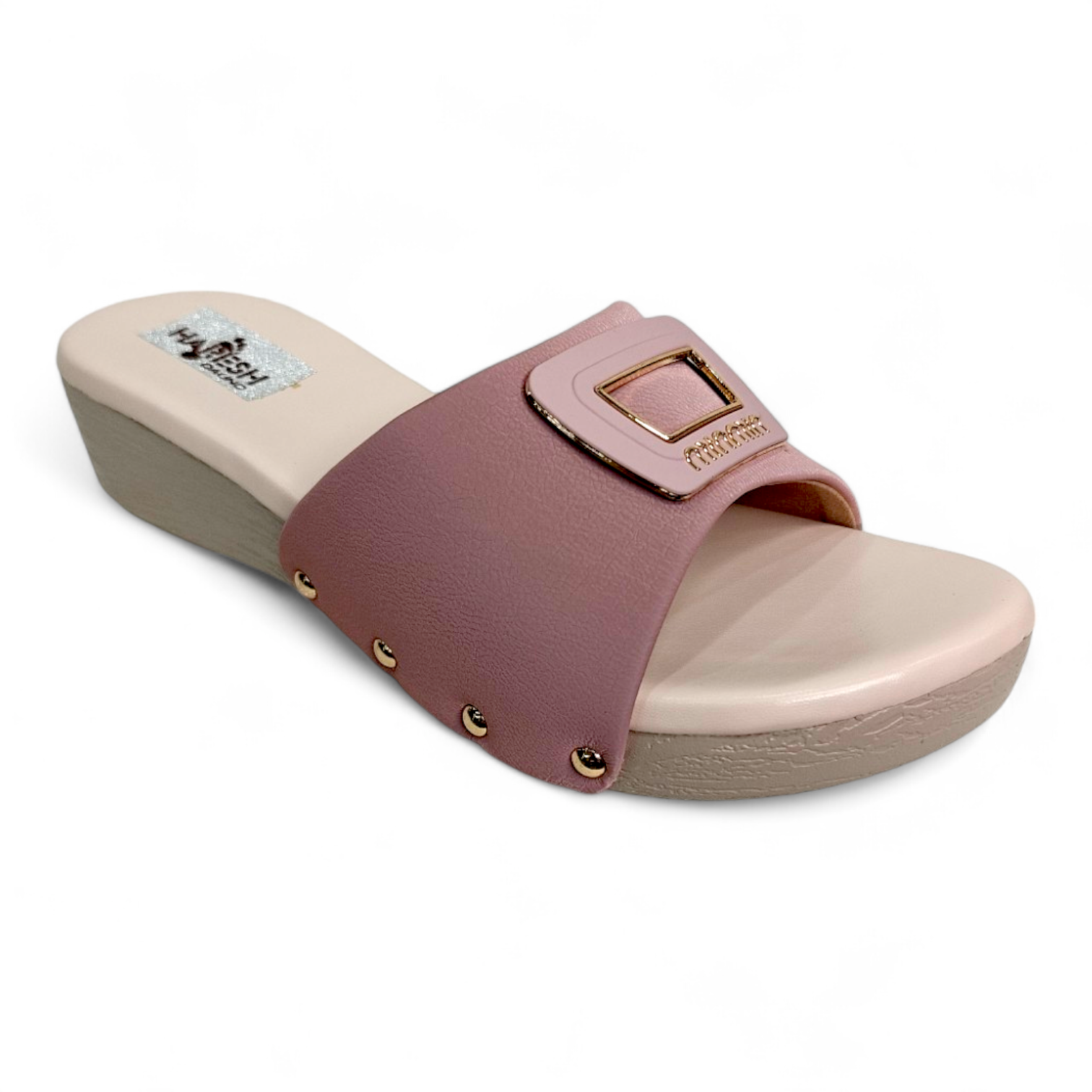 Peach wedge heel footwear with square buckle and open toe design