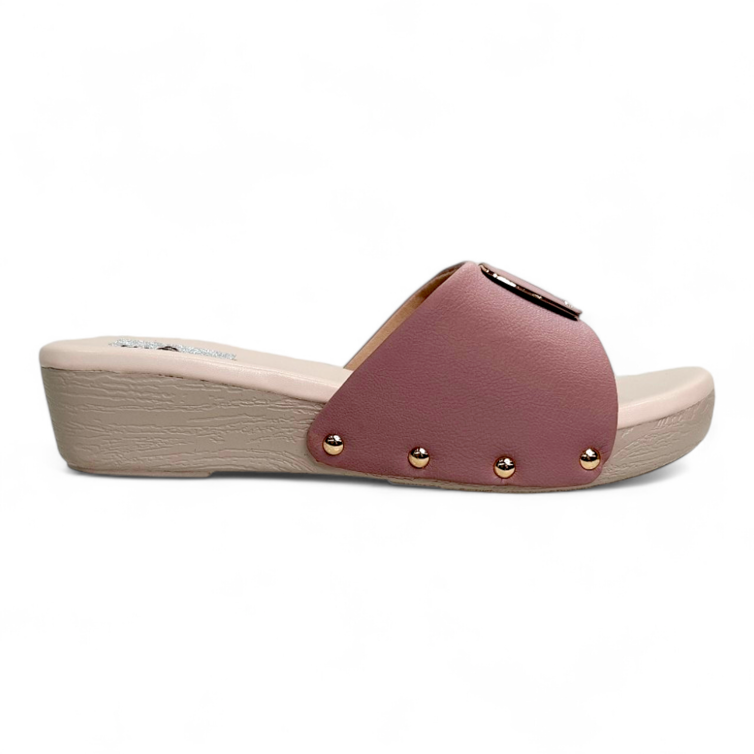 Side view of classy peach wedge heel with square buckle and comfortable fit