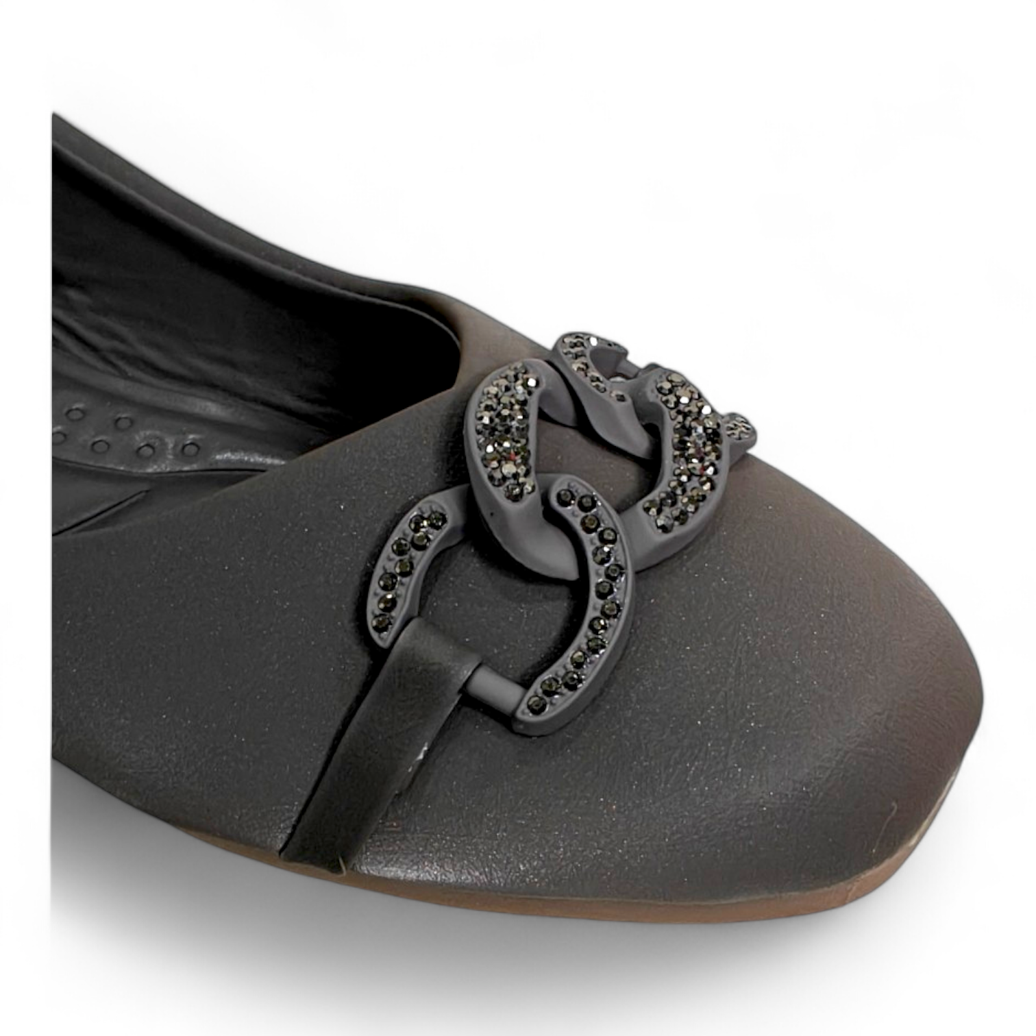 Close-up of embellished 3-circle design on Dark Grey Belly Shoes Flat