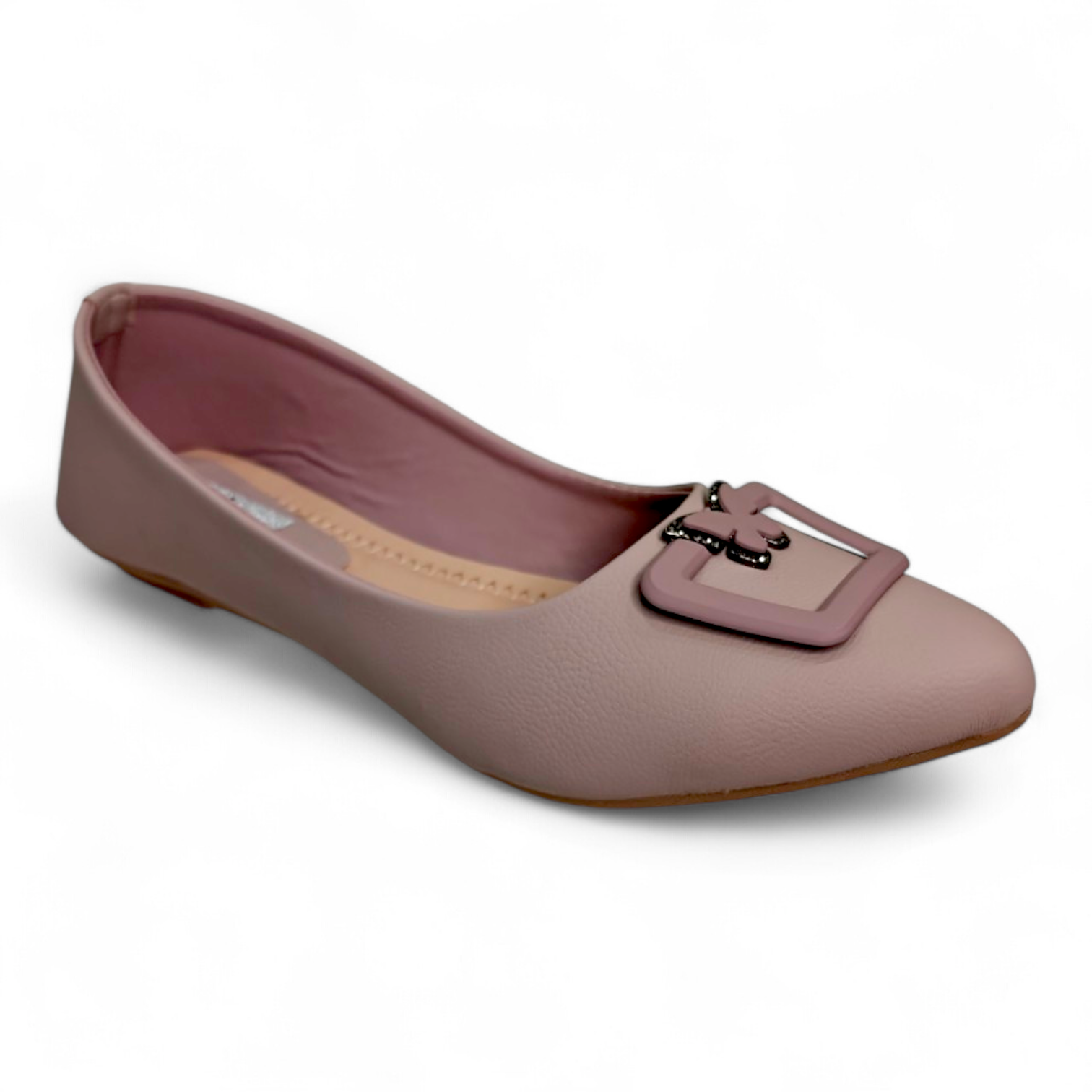 Peach flat bellies with square buckle on top, made from soft, comfortable material