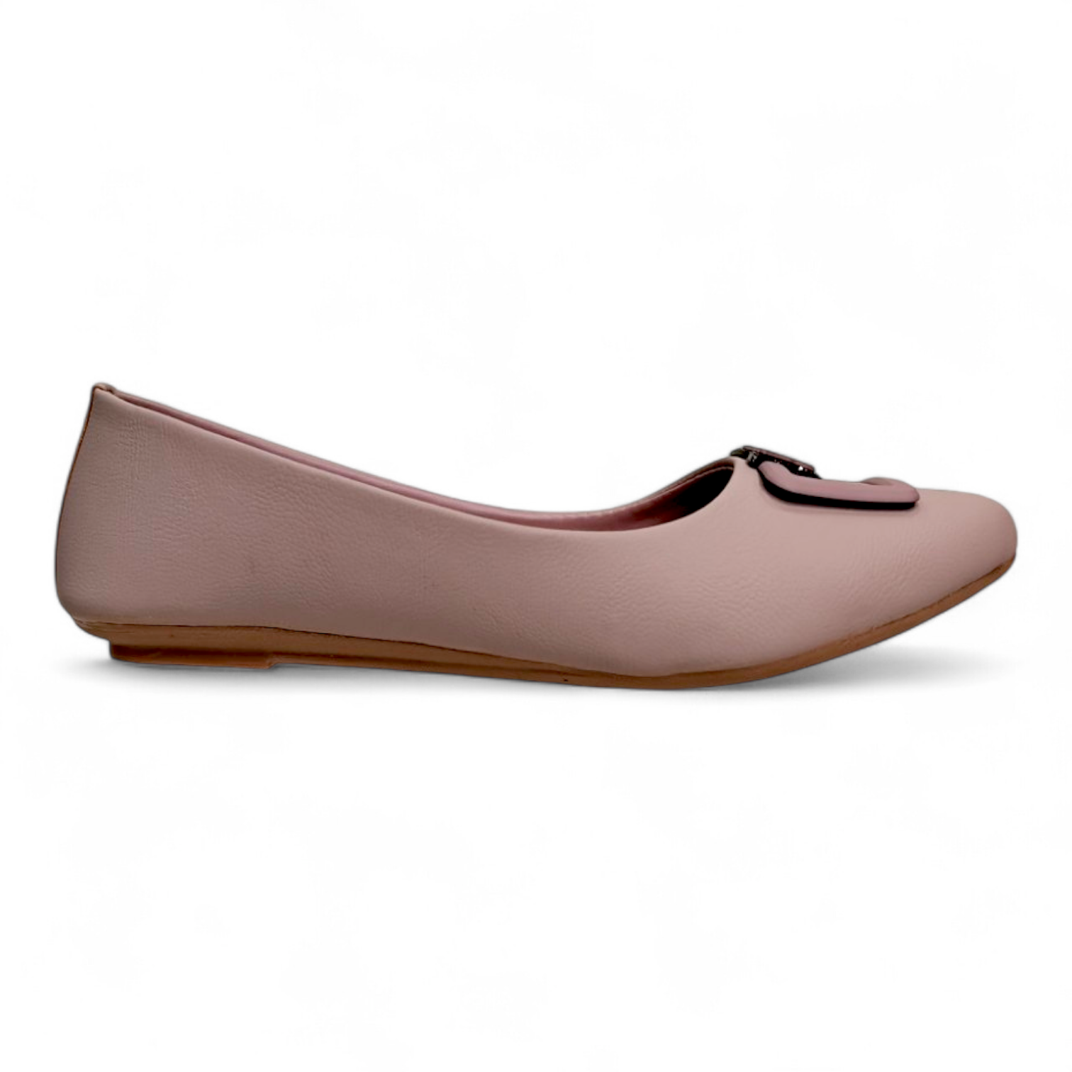 Side view of peach-colored flat bellies with square buckle and soft material