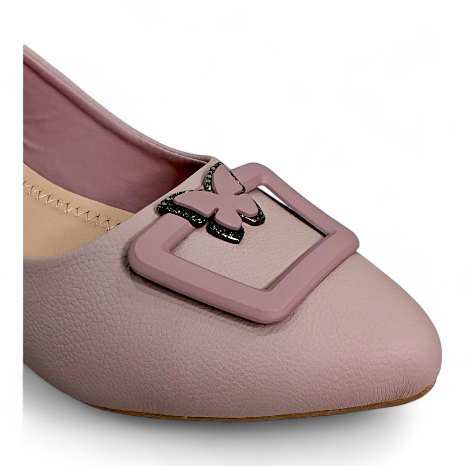 Close-up of square buckle on top of peach flat bellies