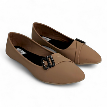 Beige Flat Bellies with Side Embellished Buckle | Soft Cushion & Comfortable Footwear