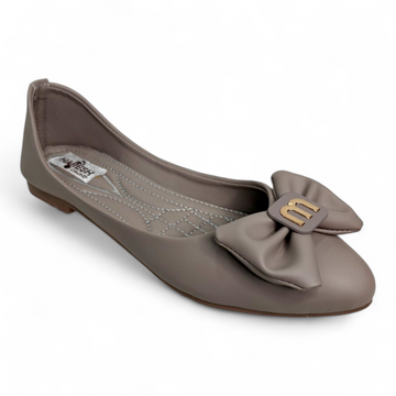 Grey Belly Flat Shoes with M Buckle Bow, cushioned for comfort, and durable pack toe design