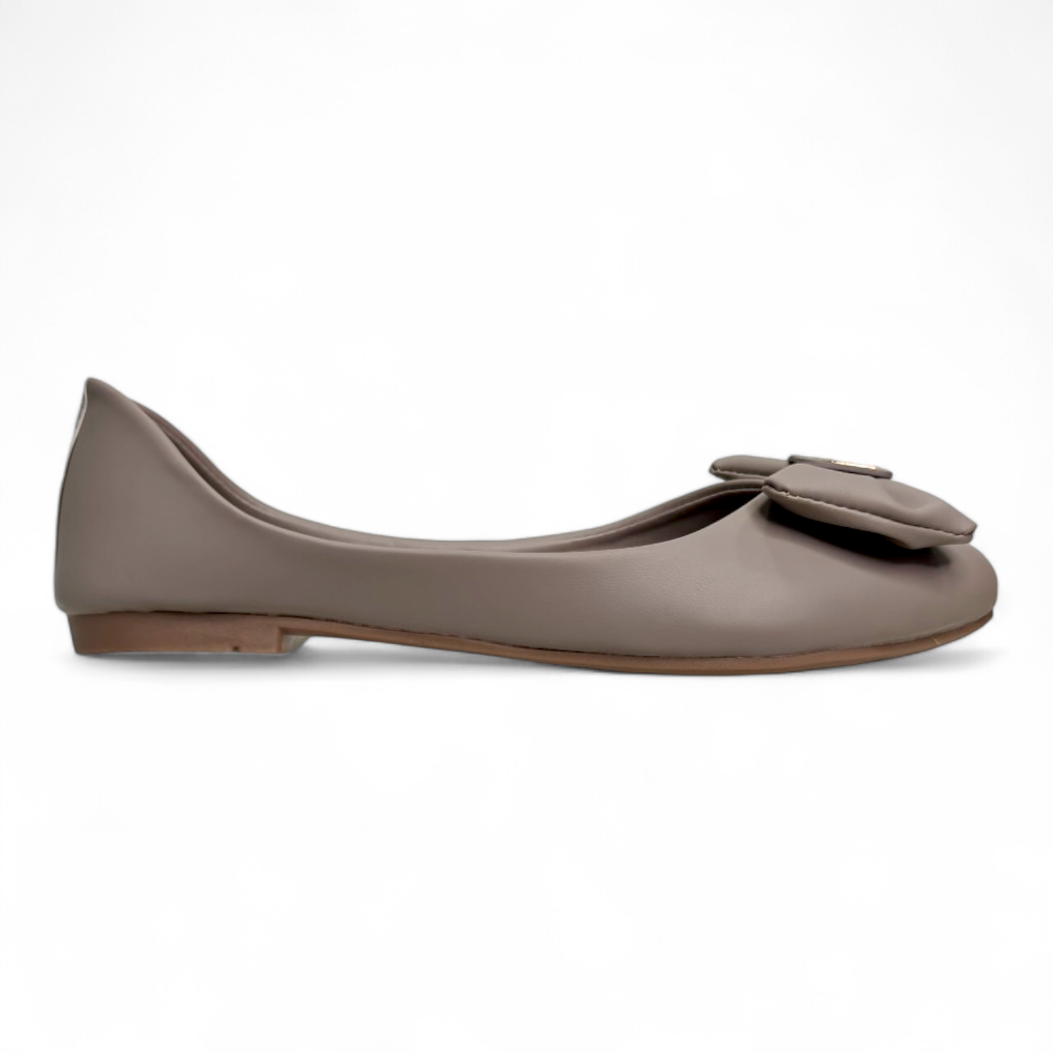 Side view of Grey Belly Flat Shoes with bow detail and M buckle, showcasing cushioned sole and durable materials