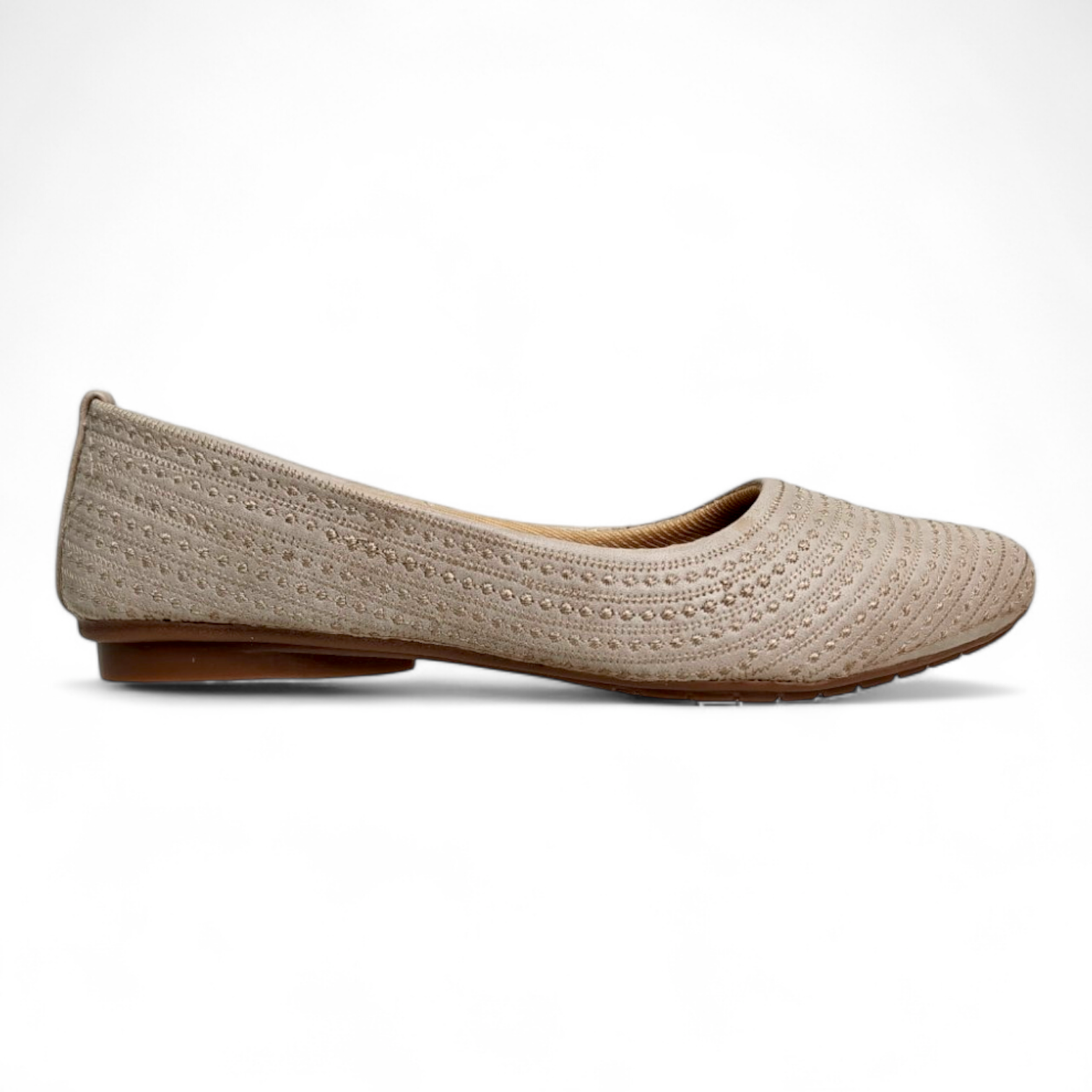 Side view of beige flat bellies with soft cushion and comfortable botie design