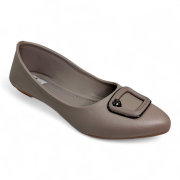 Brown flat bellies with square buckle, soft material, and comfortable bootie design