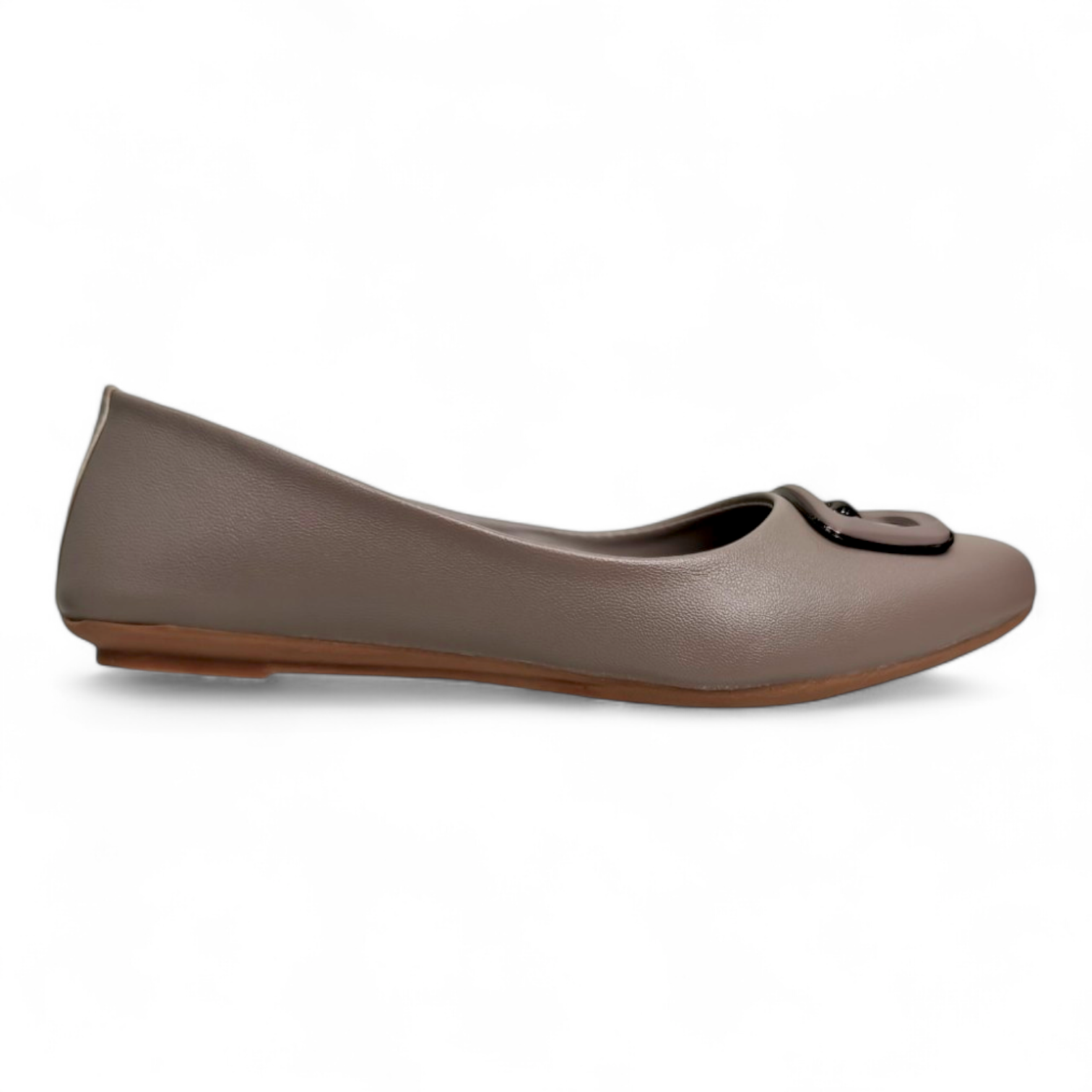 Side view of brown flat bellies with square buckle and soft bootie design for comfort