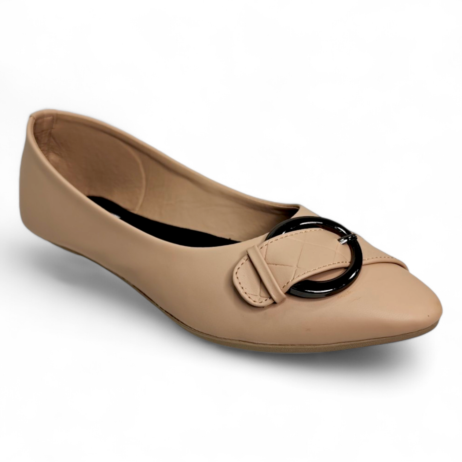 Cream-colored flat bellies with circle buckle, made from soft material, bootie style design