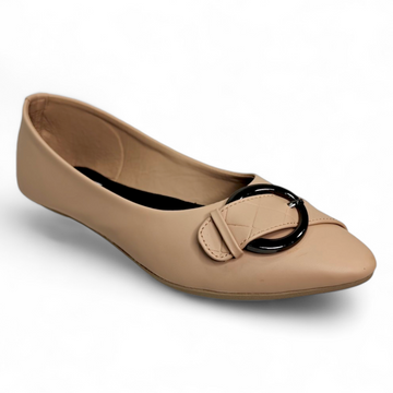 Cream-colored flat bellies with circle buckle, made from soft material, bootie style design