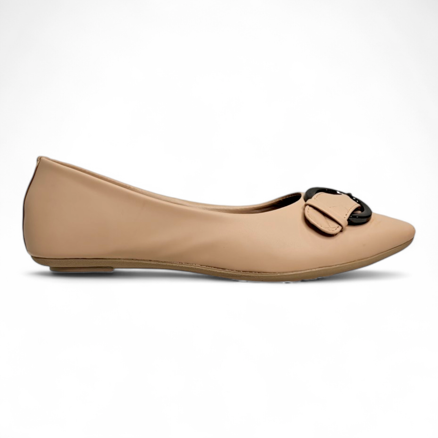 Side view of cream flat bellies with circle buckle and soft material for comfort