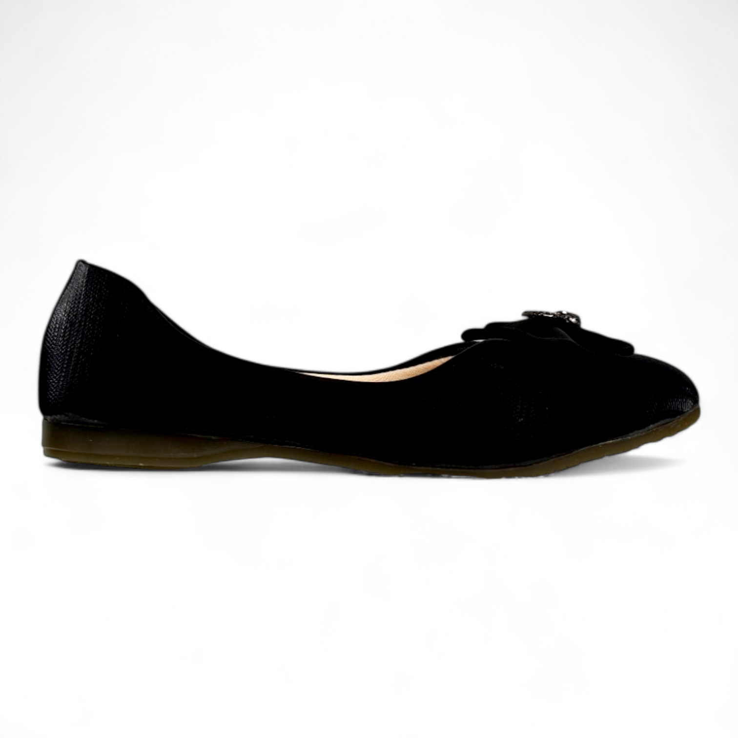 Side view of Black Flat Bellies with soft cotton material and a decorative bow