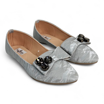 Silver Flat Bellies with Embellished Shine & Bowtie | Comfortable & Soft Material