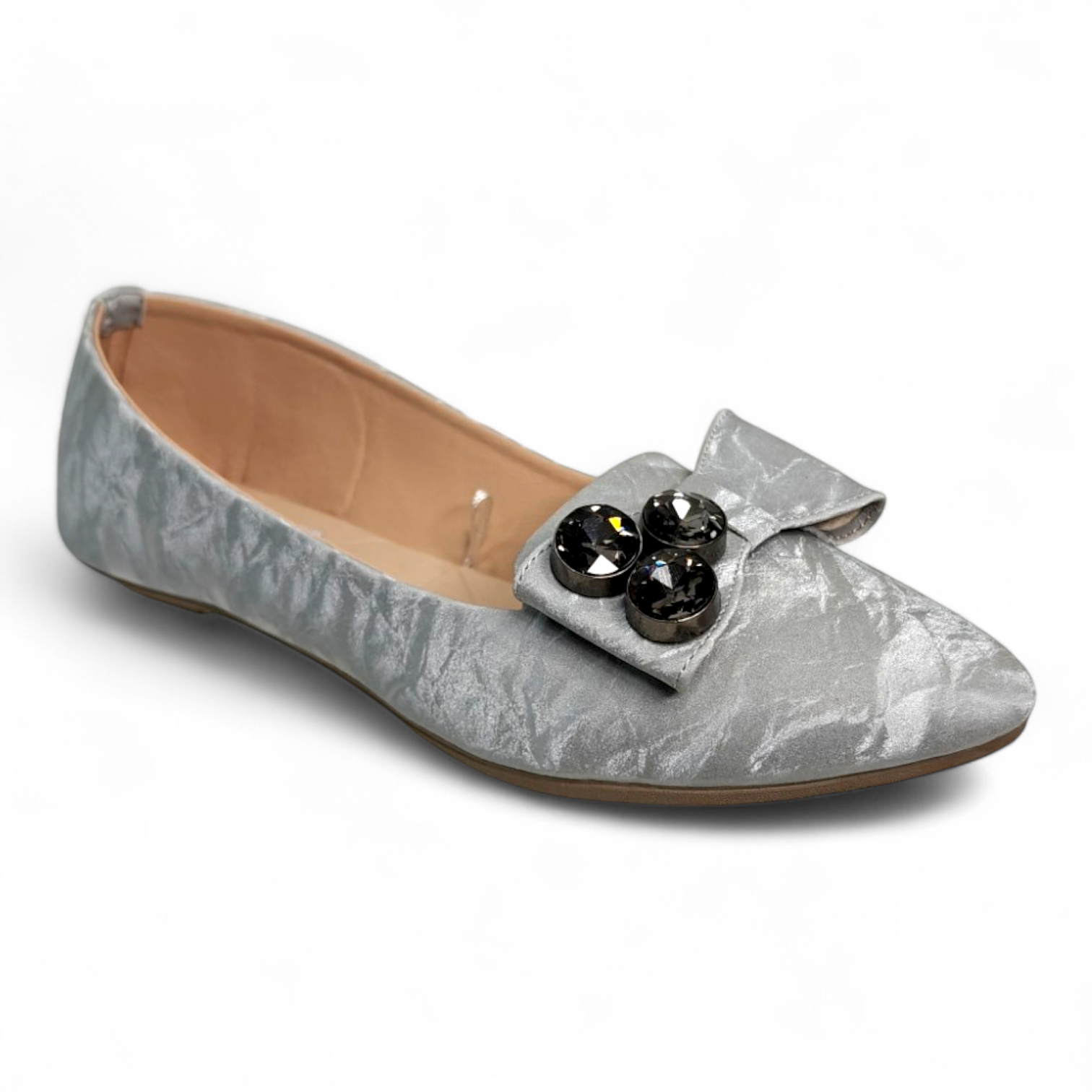 Silver Flat Bellies with embellished shine and bowtie for women, made of soft material for comfort