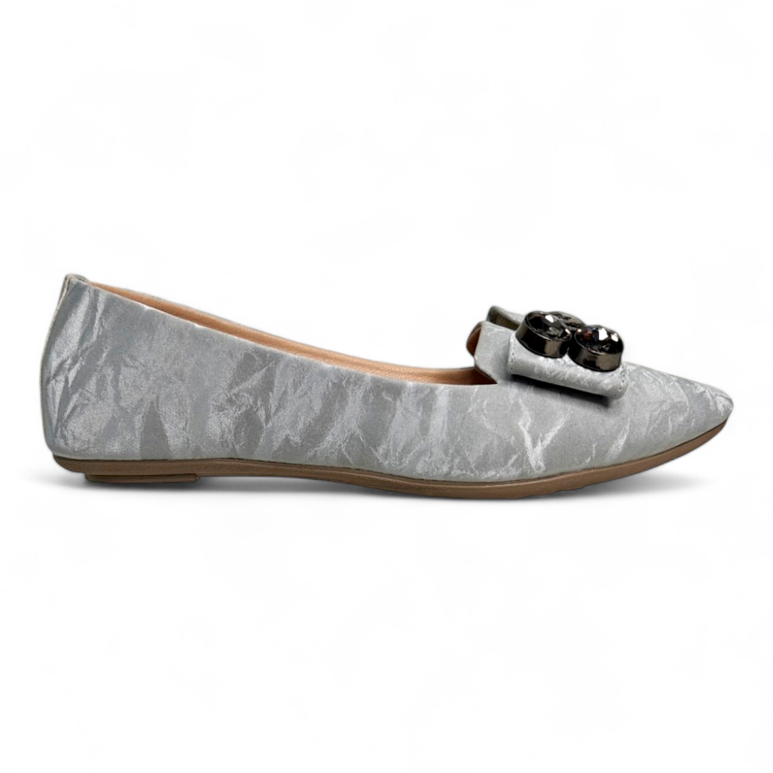 Side view of Silver Flat Bellies with a bowtie and soft material, perfect for all-day wear